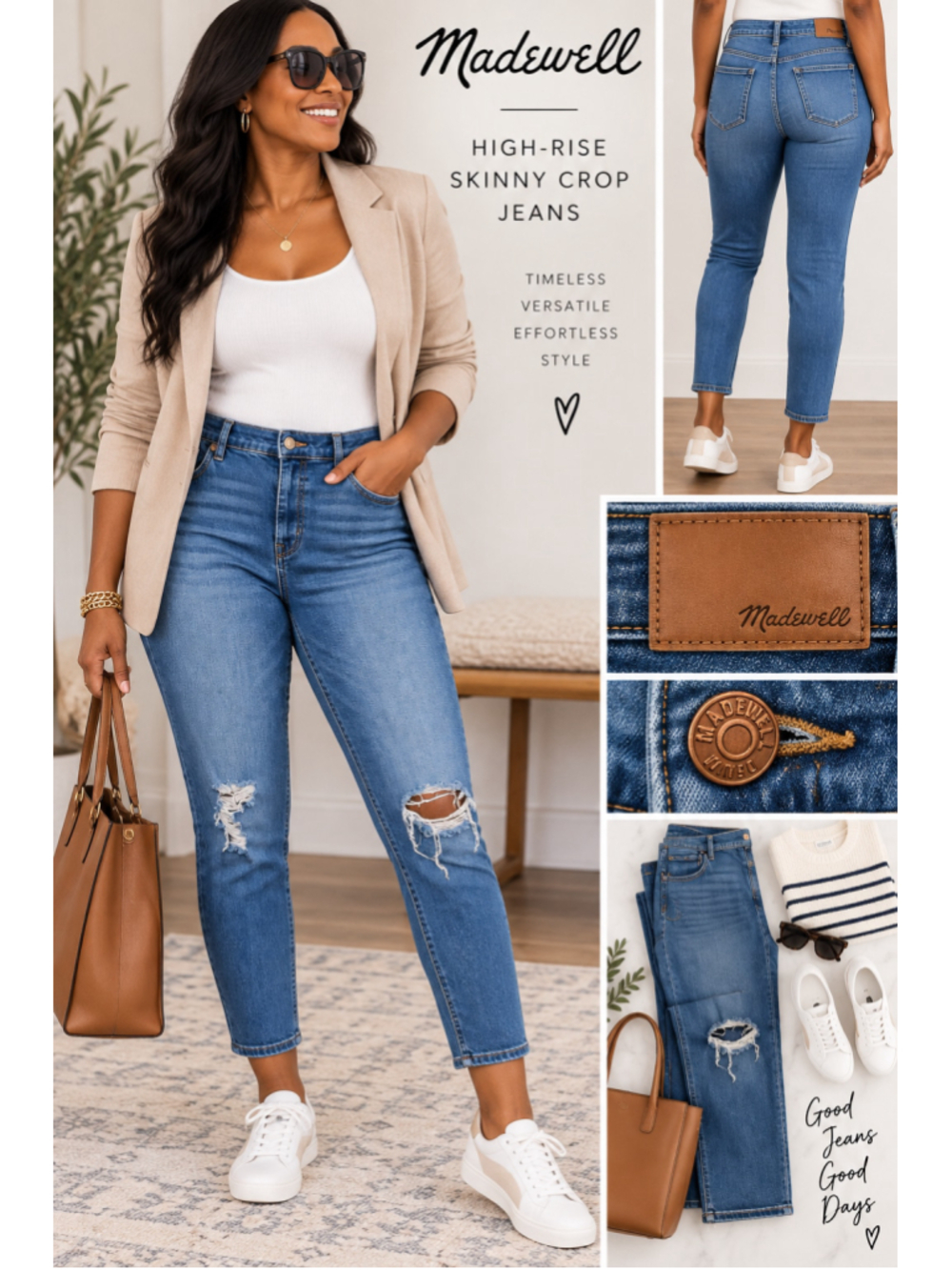 Madewell High-Rise Skinny Crop Jeans 36T Distressed Stretch Medium Wash Denim
